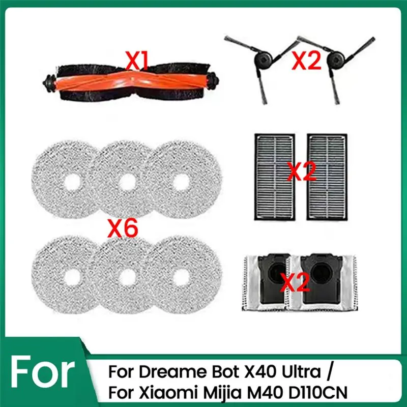 

Новые запчасти для Dreame Bot X40 Ultra и Xiaomi Mijia M40 D110CN: основная и боковые щетки, салфетки для влажной уборки, мешки для сбора пыли, фильтры.