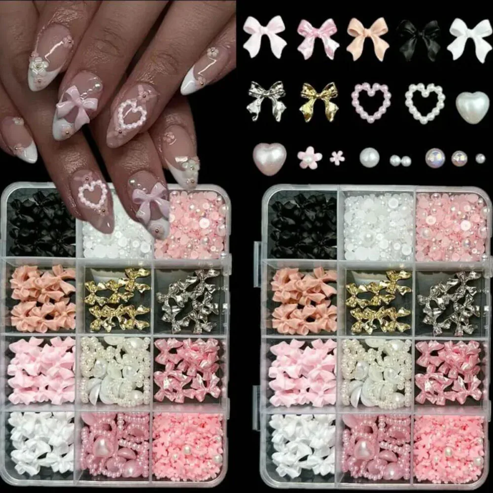 12Grids 3D Resin Pink White Bowknot Pearl Nail Charms Hollow Pearl Heart Acrylic flowers Y2k Nail Accessories Mixed Manicure Dec
