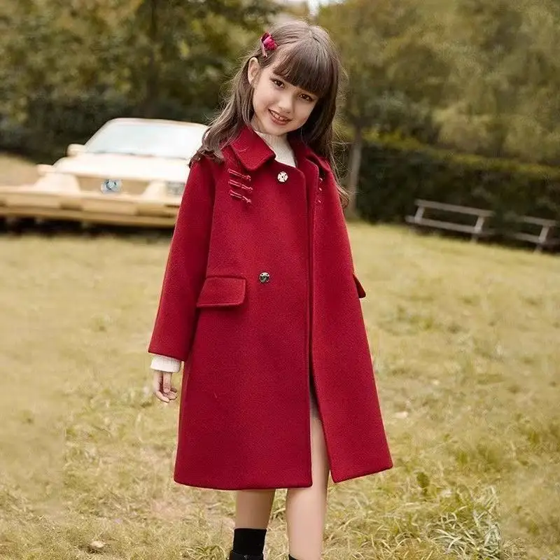 

5-14 Years Girls' Woolen Coat Autumn Winter Chinese New Year Jacket Children's Red Medium length Woolen Coat 120-170cm
