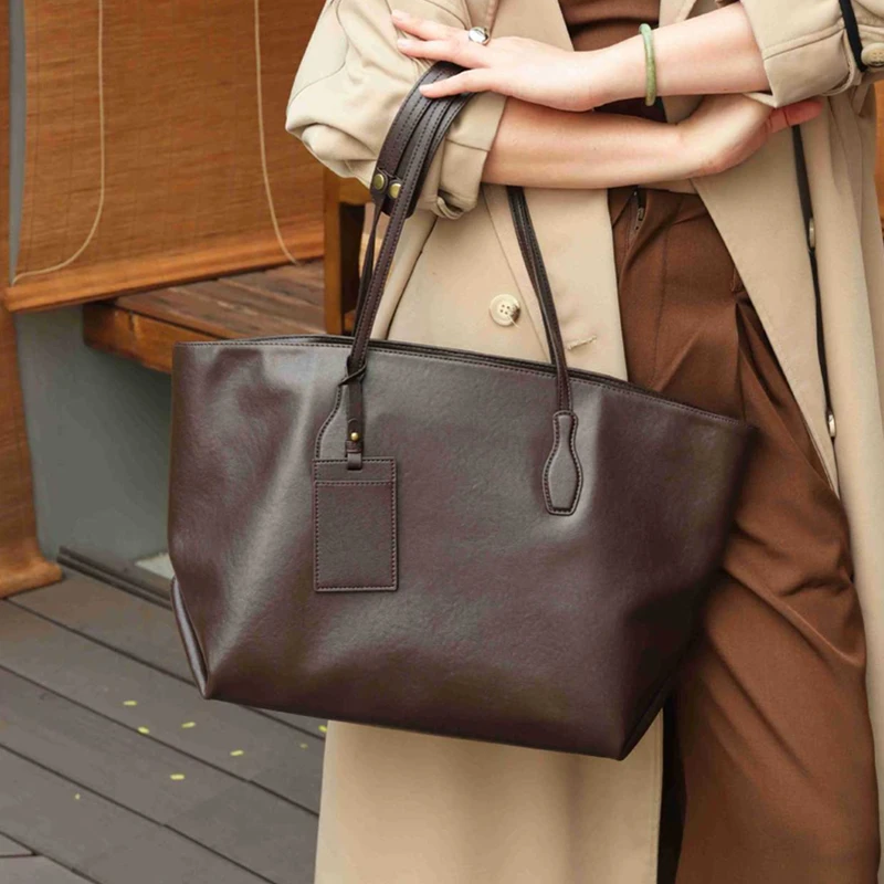 BURMINSA Large Genuine Leather Work Tote Bag Women Vintage Soft Cowhide A4 Laptop Shoulder Bag Office Commuter Shopper Handbags