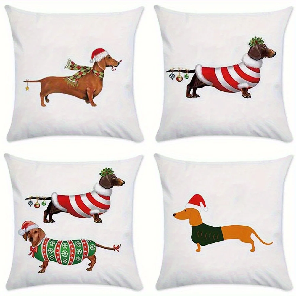 Xmas Dog Pillowcase Set 4pcs Festive Holiday Pet Illustration Covers Cute Animal Christmas Decor 40x40cm Throw Pillowcase