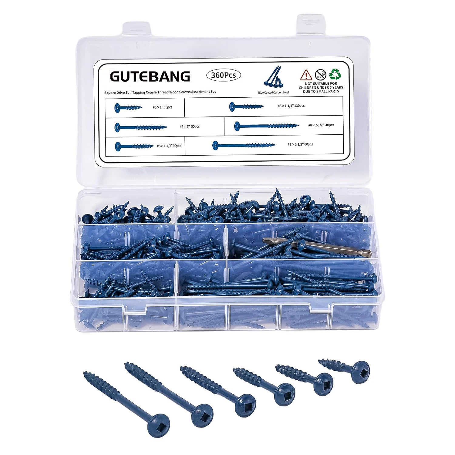 Carbon Steel Screw Set, 360-Piece Set, Square-Head Self-Tapping Screws, Wood Screws (#8, Blue, with driver bits)