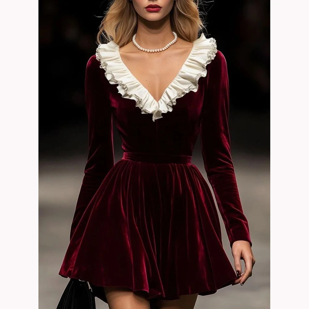 

Red Velour Women's Dress with Customized Deep V-neck Ruffles Long Sleeve Elegant Simple Gown for Formal Wedding Evening Party