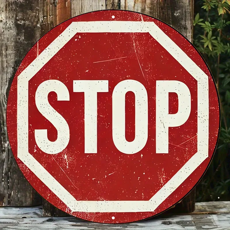 2D Flat, 1pc Vintage Round Stop Sign Wall Art - Distressed Red & White Retro Metal Traffic Sign, Classic Octagonal/round - Easy