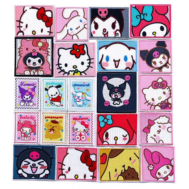 

MINISO Rectangle Cute Hello Kitty Kuromi Bow Dog Icon Embroidery Applique Patches For Clothing DIY Iron on Patch on the stickers