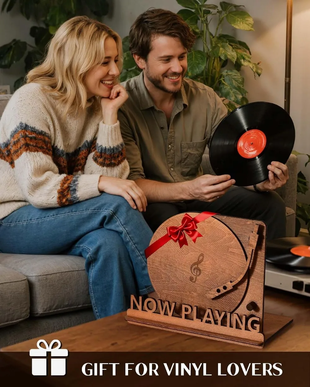 Now Playing Vinyl Record Stand, Tabletop Wooden Holder for Albums, Vintage Display Organizer Rack for LP Enthusiast view 6
