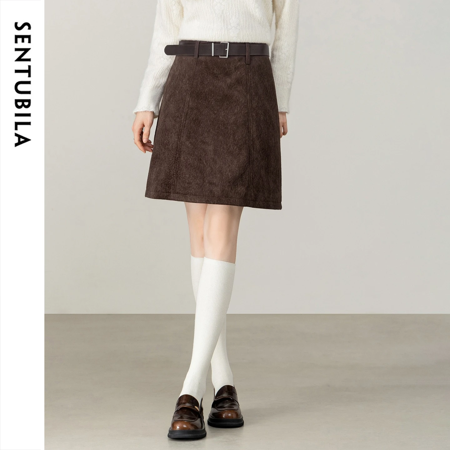 SENTUBILA Women's Mini Skirt 2026 High Waist Brushed Fuzzy A Line Skirt with Belt Winter Slim Commuter Female Clothing W64QA9330