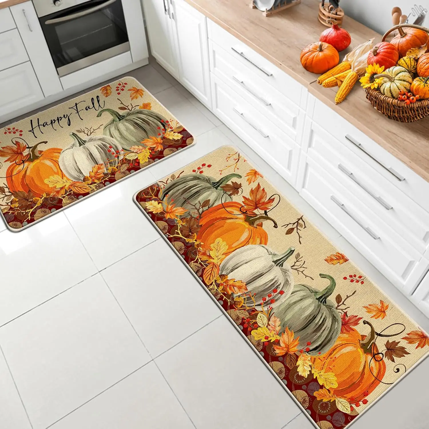 Fall Pumpkin Kitchen Mats Autumn Maple Leaf Entrance Welcome Doormat Living Room Balcony Hallway Laundry Room Non-slip Rug Decor