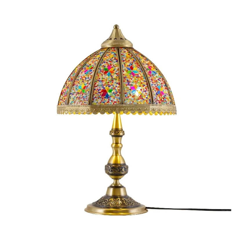 

Handmade Turkish style, all-copper mosaic stained glass desk lamp with dome shade bulb base power supply