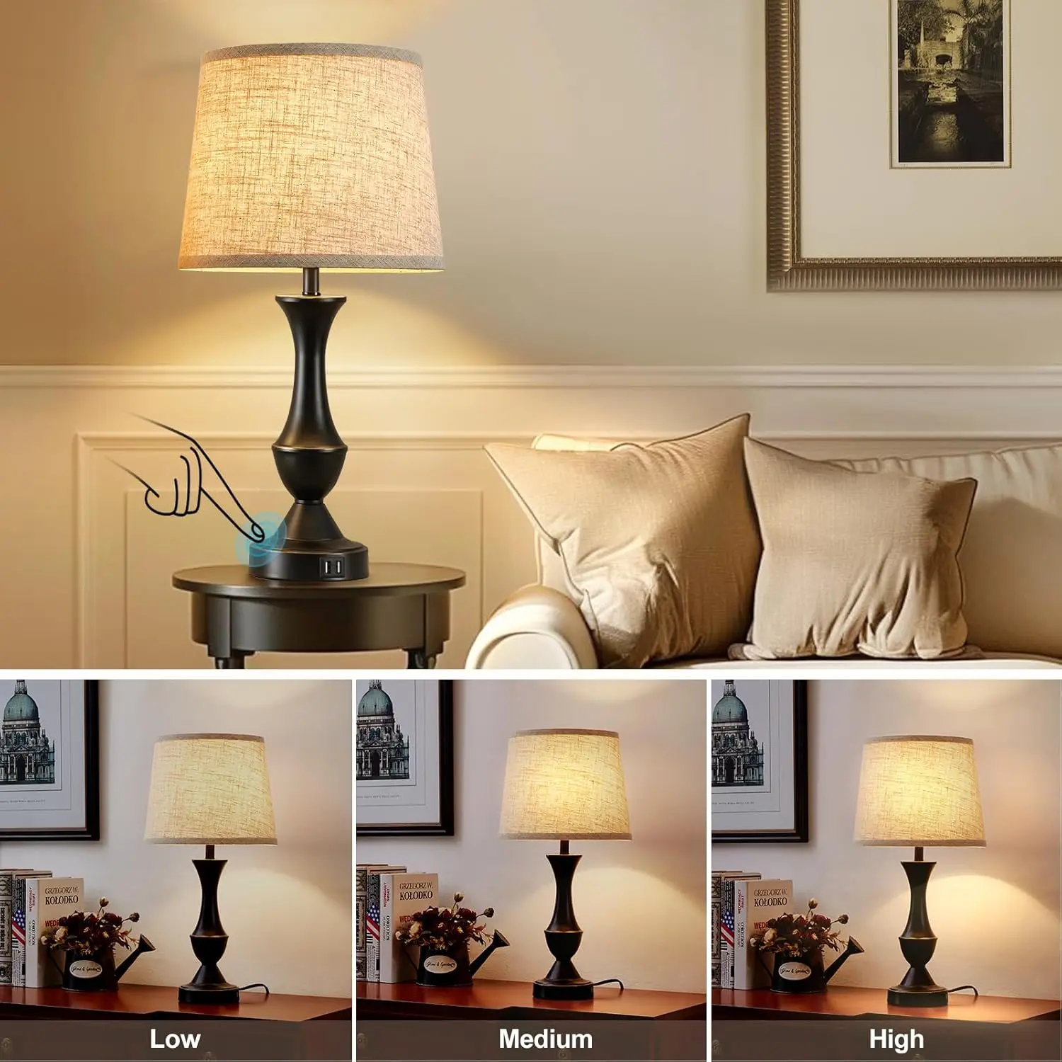 Conjunto de 2 Luminárias de Mesa com Controle de Toque, 22 Polegadas de Altura com Portas USB C+A para Quarto, Sala de Estar, Escritório