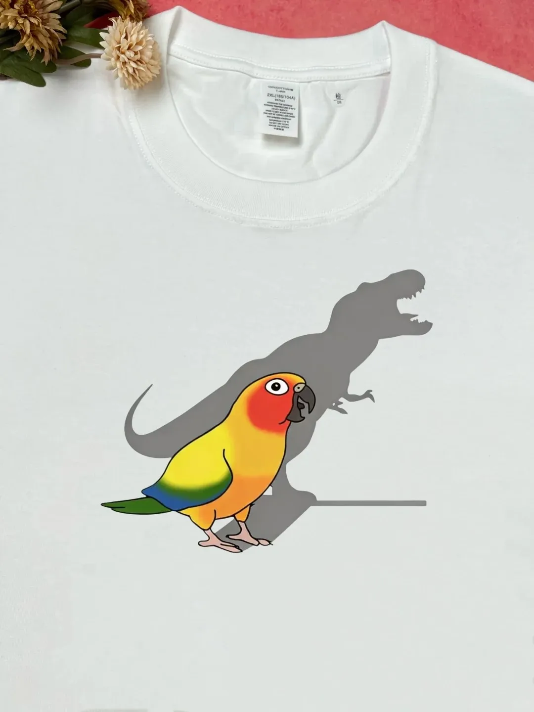 Creative Summer Printed T-Shirt Cotton Pure Loose Fun for Men And Women Xiaotianyuan Parrot And Tyrannosaurus Shadow Print Top