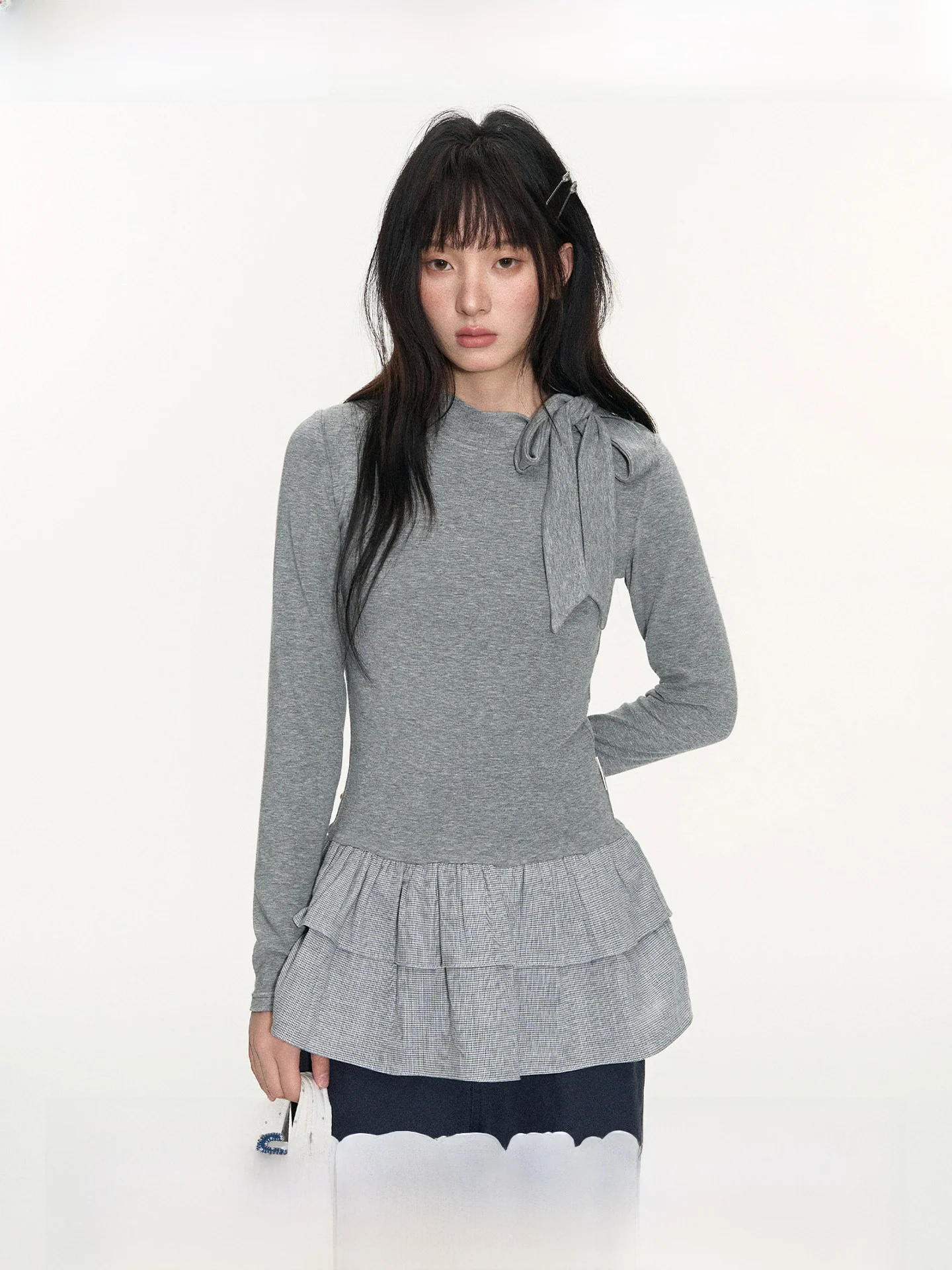 

Takeanap Original High Collar Tied Double Layer Skirt Long Sve Slim Fit Base irt for Women Casual Sle Autumn Wear