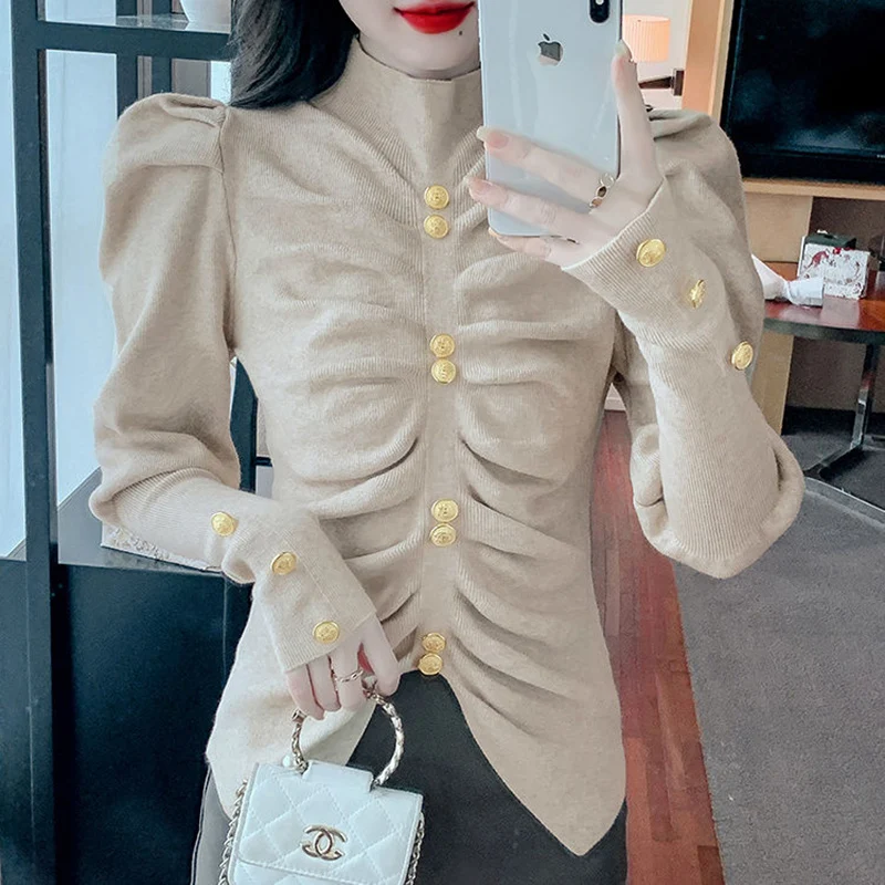 Elegant Puff Sleeve Button Folds Sweaters Women\'s Clothing 2023 Autumn Winter Slim Knitted Korean Pullovers Irregular Tops