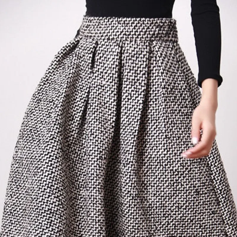 Matakawa Woolen Faldas Mujer Plaid Vintage Thick Autumn Winter Korean Fashion Women Skirts High Waist A-line Retro Long Skirt