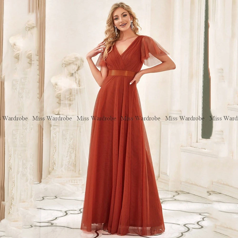 Simple Burnt Orange Bridesmaid Dress For Wedding Guest 2024 V Neck Cap Sleeve Tulle Prom Evening Gown Floor Length Maid of Honor