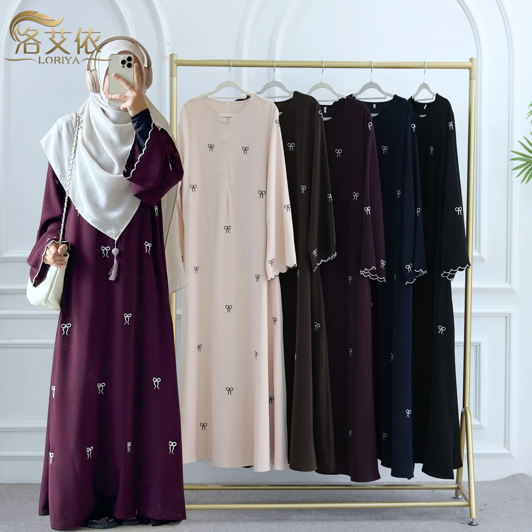 

2025 Dubai Muslim New Fashion Turkey Women's Embroideried Casual Trendy Loose Flare Sleeve Ankle Length Dresses Female Clothes