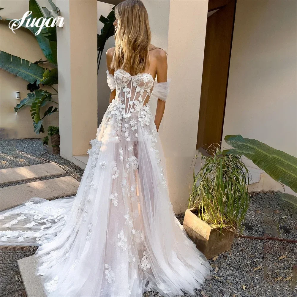 

Charming Wedding Dresses 3D Flowers Appliques Off Shoulder 2025 A-Line Bridal Gown Backless Princess Bride Dress Customized