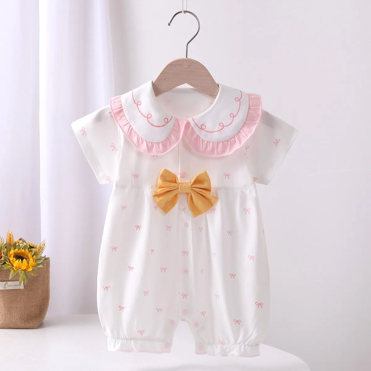 Baby Unisex Summer Lightweight Princess Romper 6-18M Kid Pure Cotton Breathable Comfy Bodysuit Infant Cute Ruffle Collar Onesie