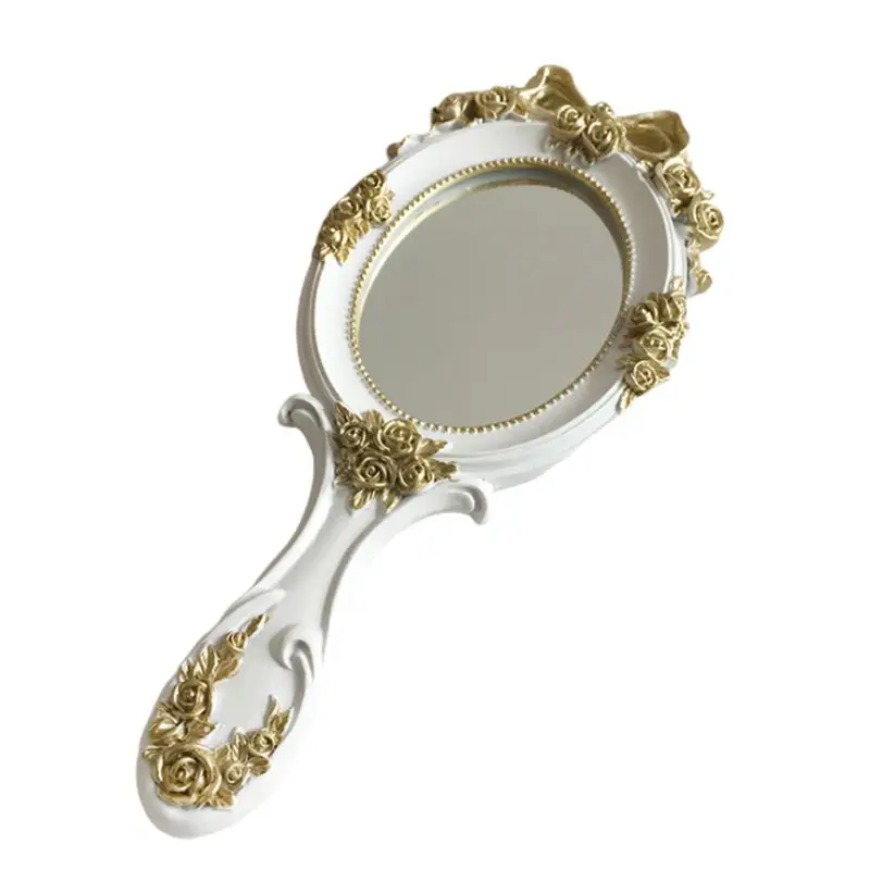 L326 European Style Vintage Handheld Roses Mirror Princess Women Girls Oval Vanity Makeup Cosmetic Tool with Anti-Slip Handle