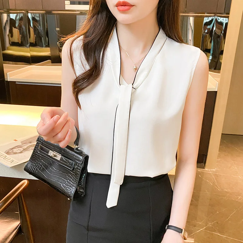 Women Clothing Elegant Fashion Solid Lace-up Blouses Summer Casual Loose All-match Sleeveless Tops Office Lady Chic Pullovers