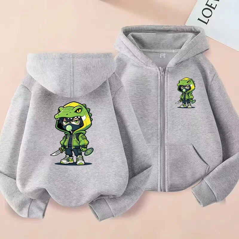 2026 New Style Children's Sporty Zippered Hooded Sweatshirt Casual Jacket with Cartoon Lizard Pattern for Ages 3 to 12