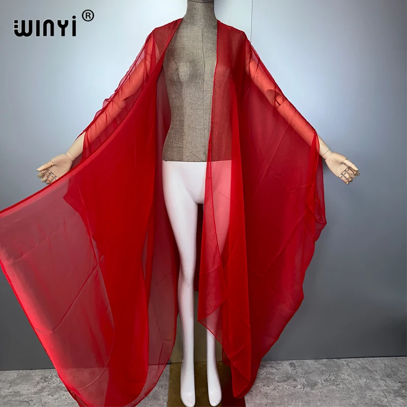 WINYI شاطئ مثير التستر لملابس النساء كيمونو ملابس السباحة كيب فستان صيفي 2025 بحر فستان غزل منظور أحادي اللون