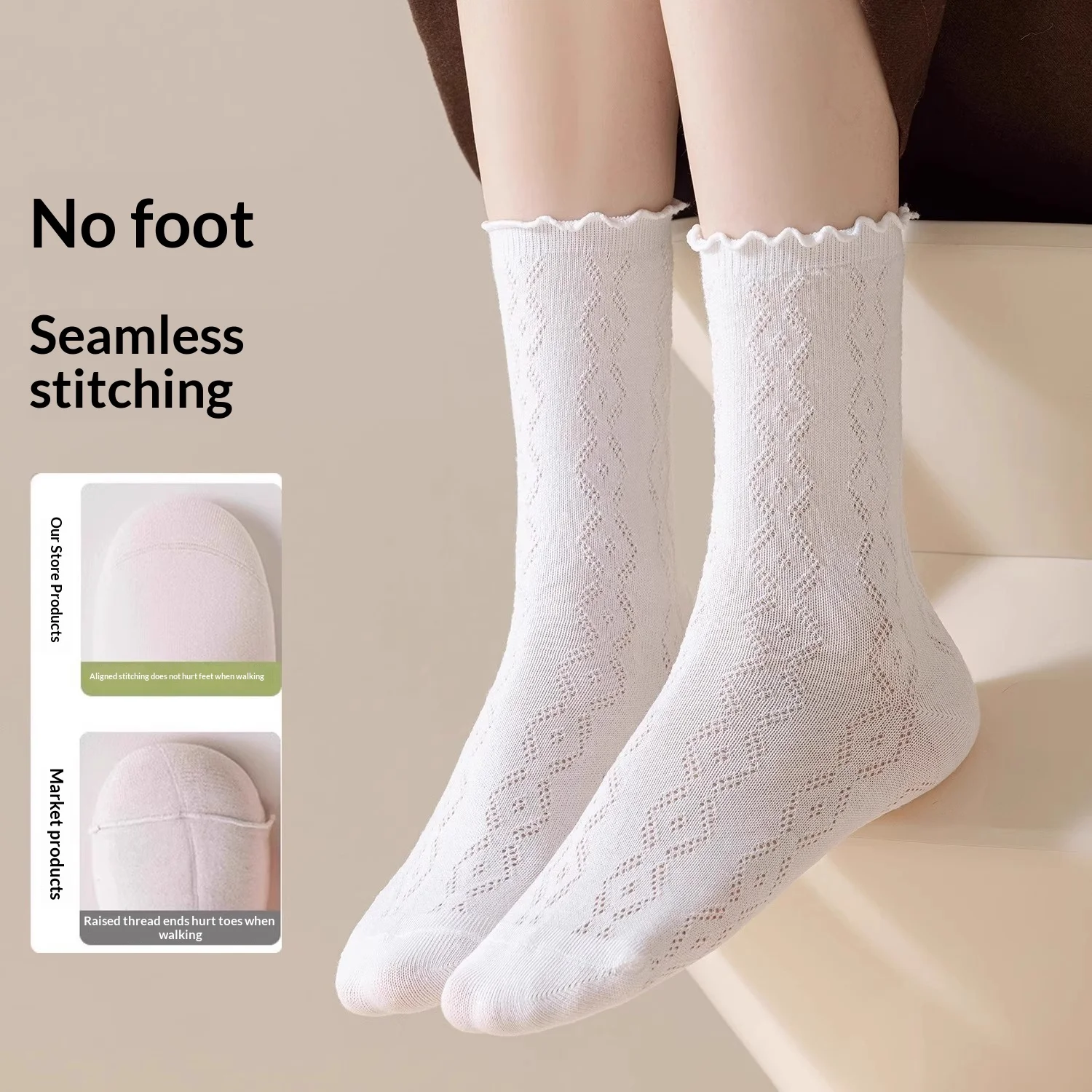 1 Pair Women Hollow-Out Mesh Mid-Calf Foot Pads, Flounce Trim Breathable Trendy Versatile Instagram Style Insoles