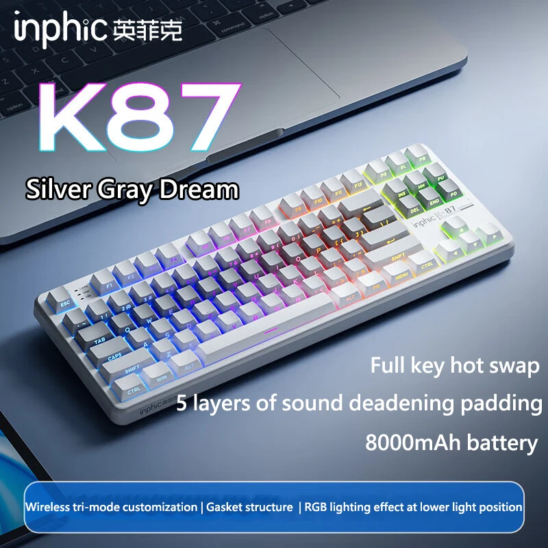 

INPHIC K87 2.4G Wireless/Bluetooth/Wired Gaming Mechanical Keyboard RGB Customized Hot Swappable OEM Profile Gasket Structure