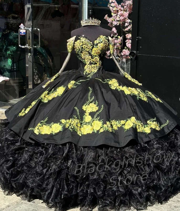 Robe de Quinceanera en dentelle à volants avec appliques en cristal, jaune, noir, princesse, luxueux, Mexique, Charro, 2024, 2024