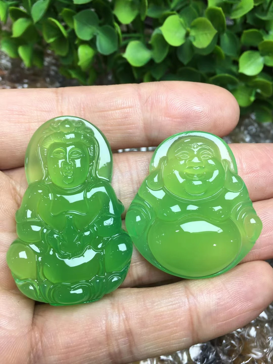 Fine 2 Green Agate Pendant Amulet Mascots Avalokiteśvara Happy Buddha Bless For Man And Women