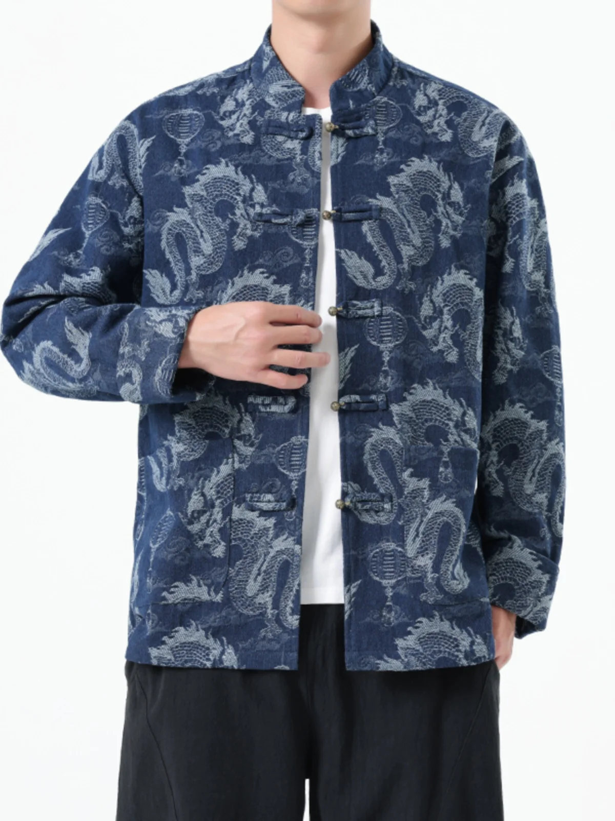 

Chinese Sle Casual Cotton Denim Jaet Men's Tang Suit Coat with Button Loose Fit Autumn Winter Outerwear Faion