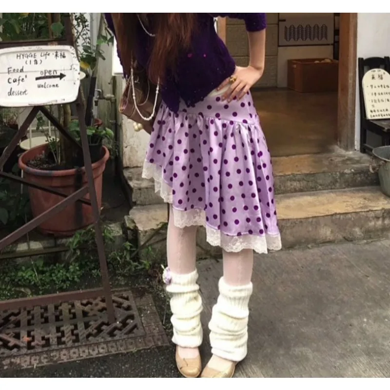 Fresh and Sweet Autumn Retro Versatile Satin Splicing Lace Polka Dot Diagonal Pendulum Irregular Skirt