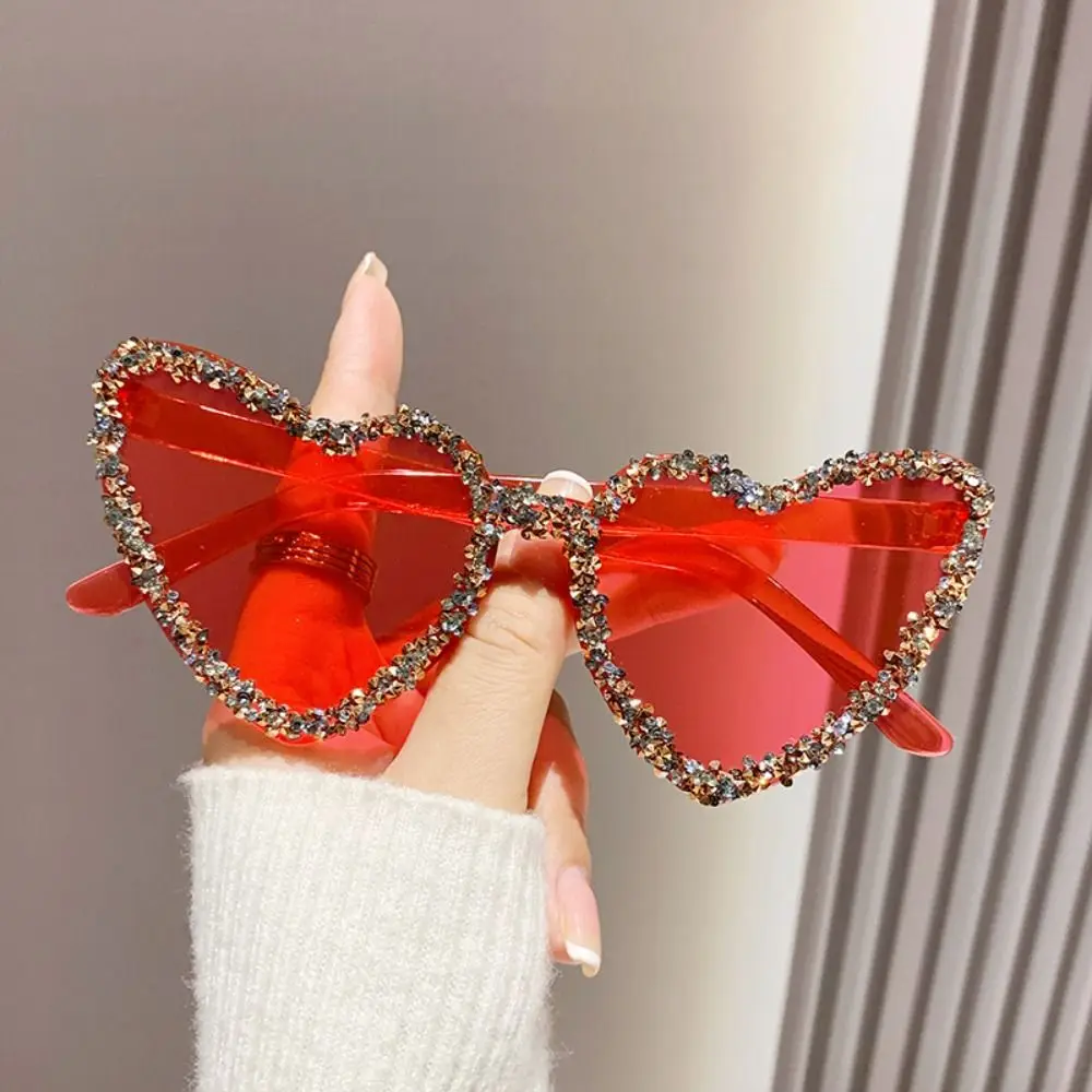 Sun-Protective Heart-shaped Sunglasses Candy Color Rhinestone Decoration Outdoor Sunglasses Eyewear Party Glasses