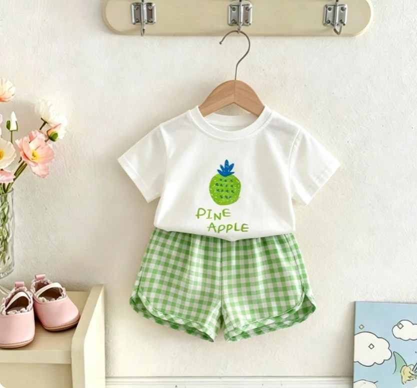 Baby Summer Two Piece Set Cute Printed Short Sleeve Tee+Gingham Short Toddler Daily Wear Sport Clothing Suits Kid Outfits Wear
