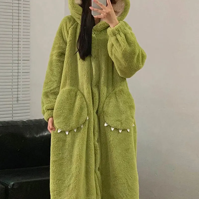 Plus Size Cartoon Long Robe Couple Models Hooded Pajamas Facecloth Bathrobe Autumn and Winter Coral Fleece Robe Women Homewear