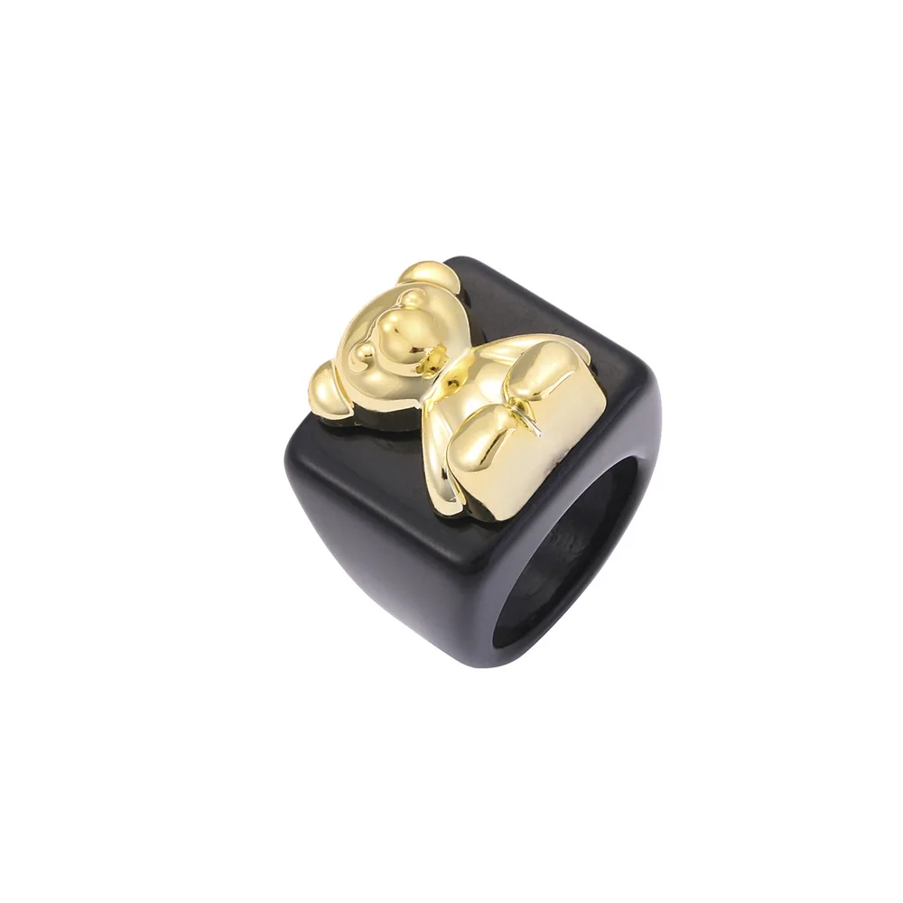 2024 New INS Cute Cartoon Resin Acrylic Bear Metal Rings For Women Girls Candy Color Aesthetic Square Rings Wholesale Jewelry