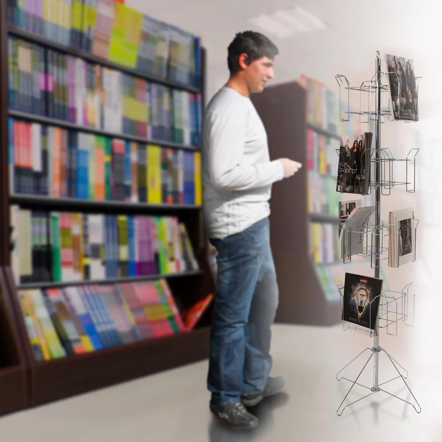 4-Tier Chrome Rotating Standing Literature Rack - 64'H x 16