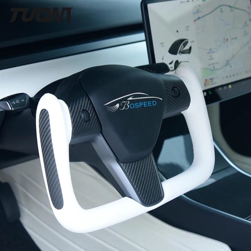 

White Smooth Leather Carbon Fiber Yoke Style Steering Wheel For Tesla Model 3 Model Y