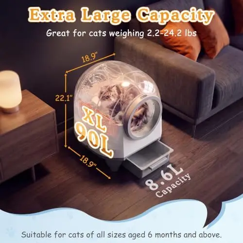 Enclosed Self-Cleaning Cat Litter Box, 90L XL, App Control, Quiet | For Multi-Cat Homes — Anti-Pinch Safety Sensors