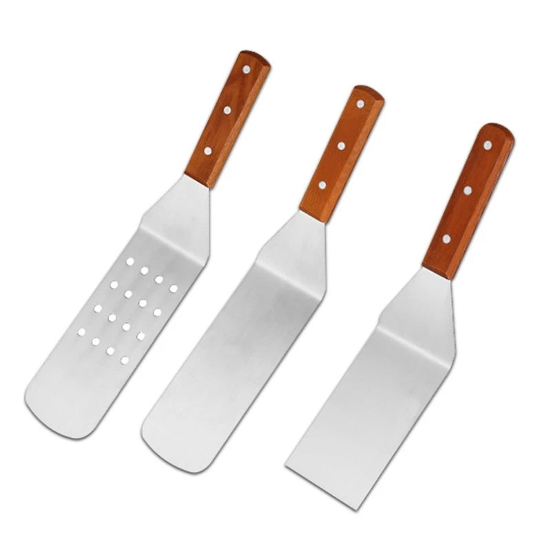 3Pcs/Set Stainless Steel Metal Scraper Hamburger Shovel Kitchen Dining Bakeware Tools Wood Handle Steak Pizza Flat Shovel Peels