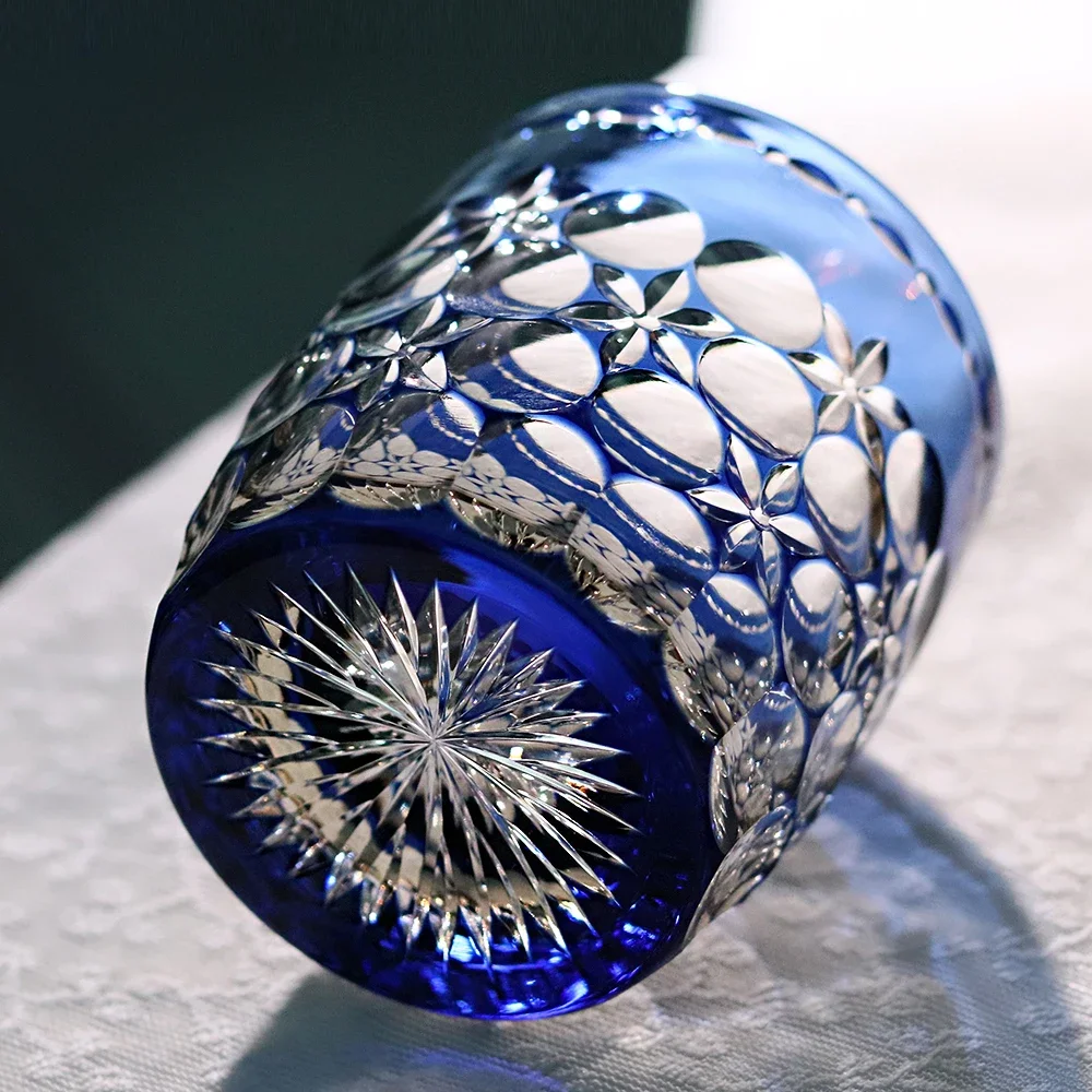 350ml Japanese Style Edo Kiriko Blue Whiskey Glass 24% Lead Crystal Bucket Rocks Tumblers Engraved Flowers Balls Cocktail Glass