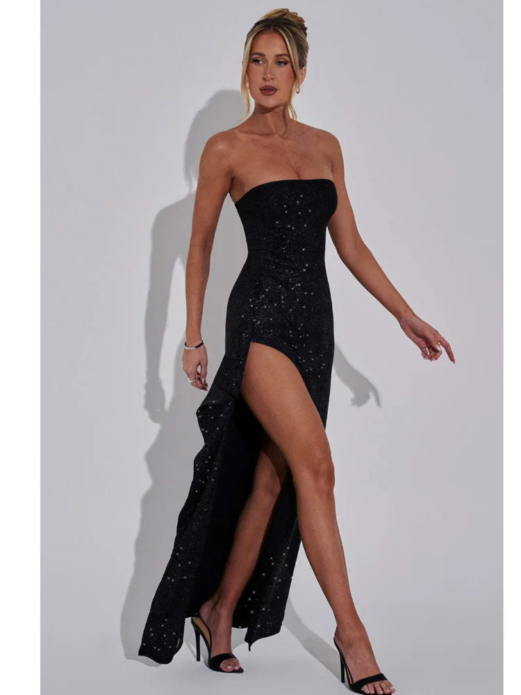 Articat Elegant Strapless Bodycon High Slit Evening Gown Women Sexy Sleeveless Backless Tight Long Dress Slim Party Club Vestido