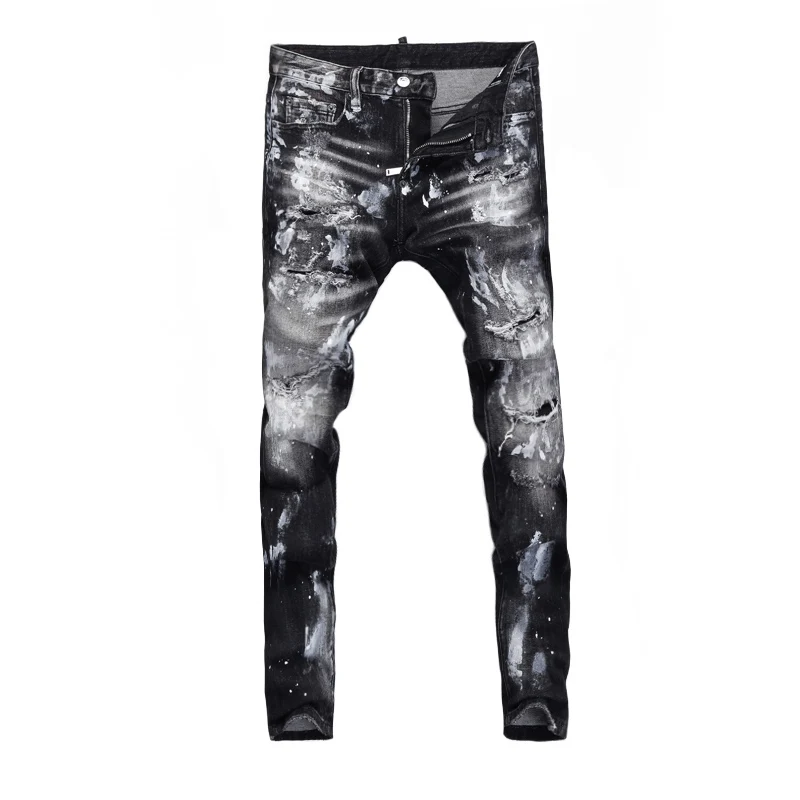 High Street Fashion Men Jeans Retro Black Gray Stretch Slim Fit Ripped Jeans Men Painted Designer Hip Hop Brand Pants Hombre