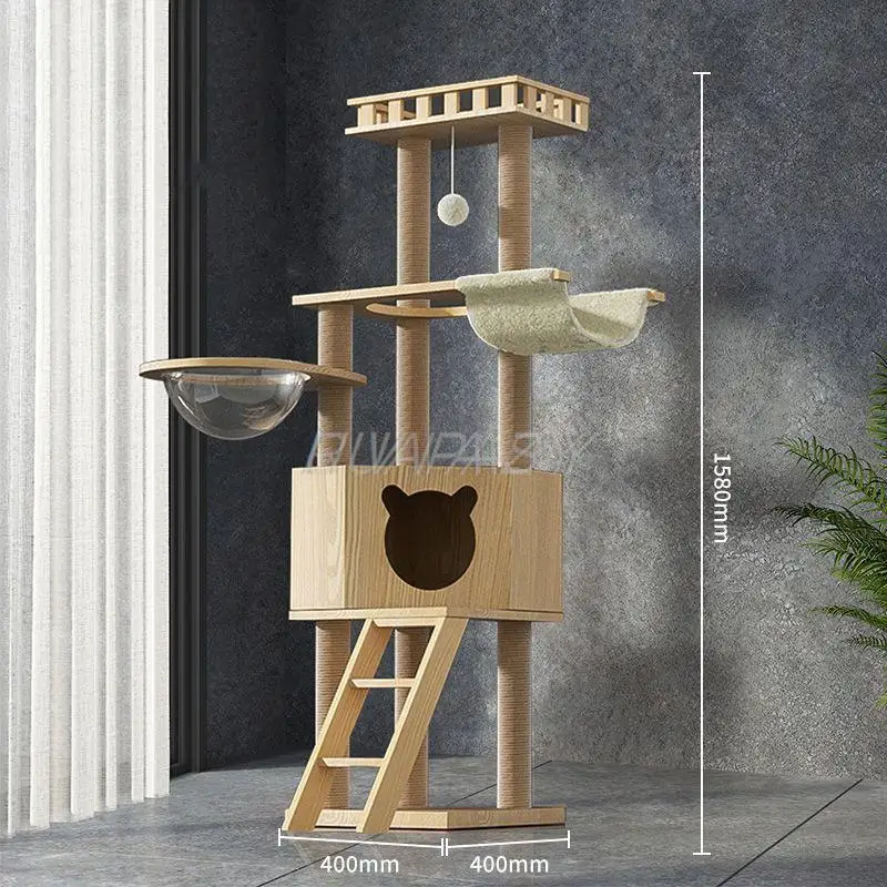 Multi-Level Wood Cat Tree Nest Cat Climbing Frame Scratching Shelf Scratcher Post Board Jumping Platform Tower Space Capsule