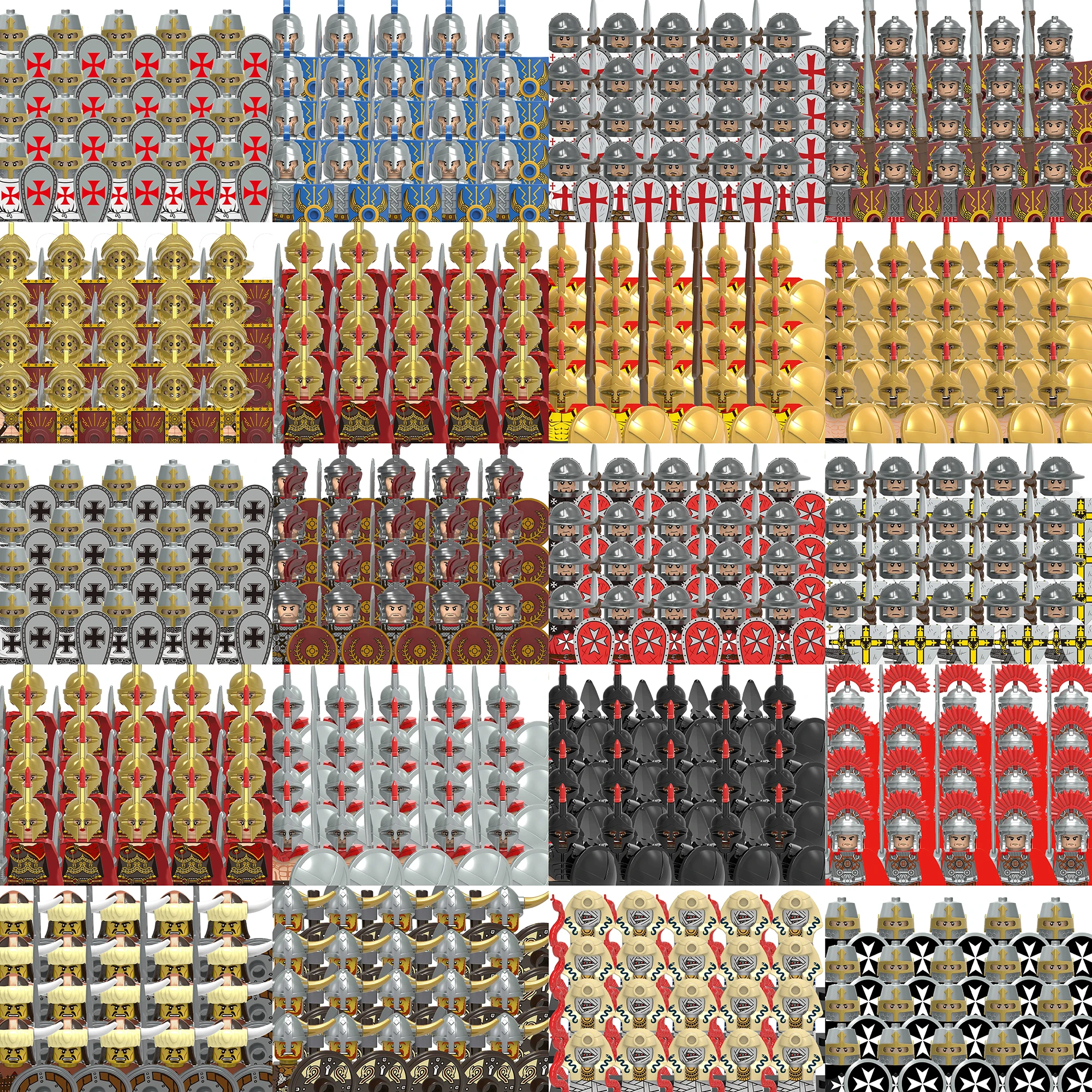 MOC Mittelalterliche Burg Ritterfiguren Bausteine Römische Armee Infanterie Krankenhaus Armee Speer Schwert Schilde Helme Umhang Ziegelstein Spielzeug