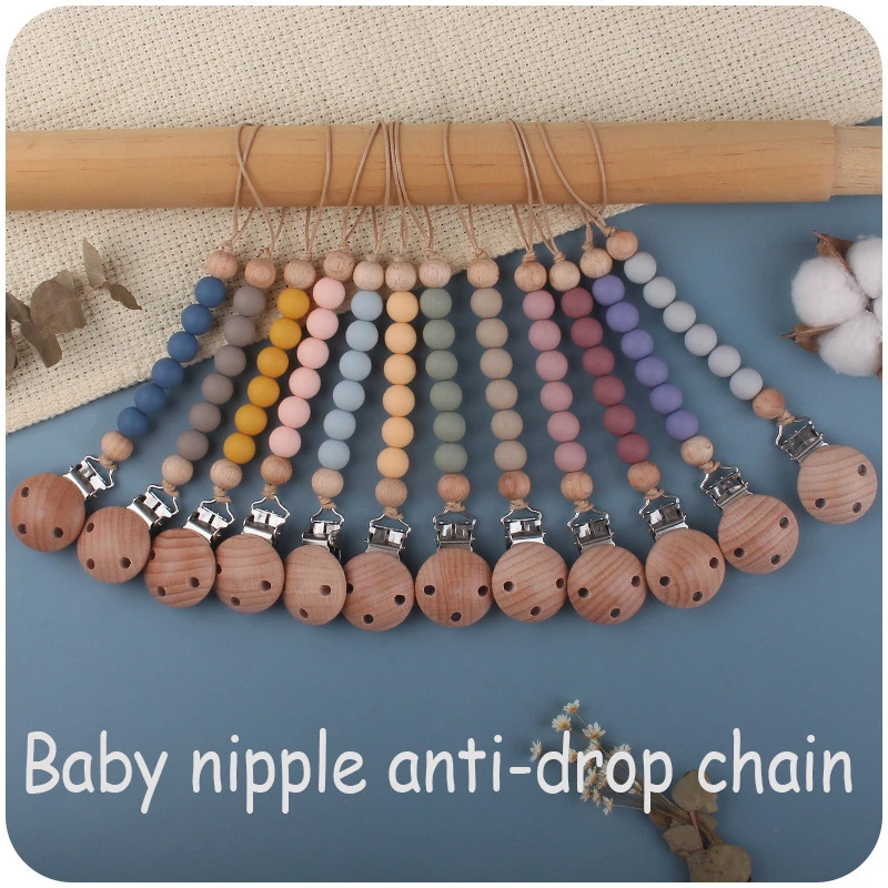 Baby Pacifier Clips Newborn Silicone Beads Wooden Pacifiers Chain Infant Nipple Appease Soother Chains Clip Dummy Nipples Holder