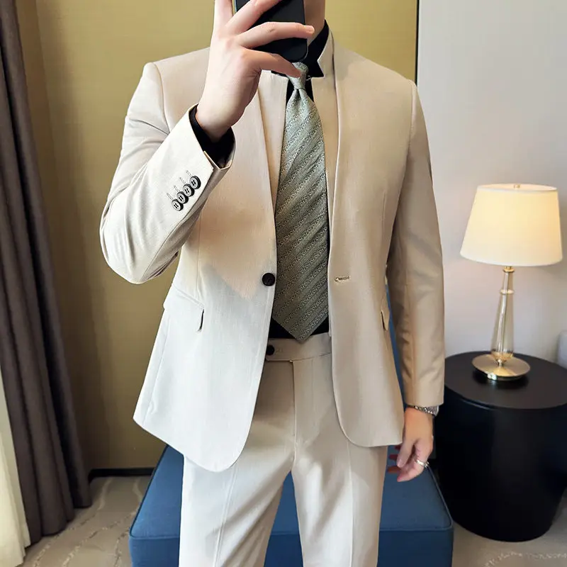High-Quality Stylish Casual Korean Version Double Collar Slim Fit Suit Fashionable Trendy Two-Piece Suit Set