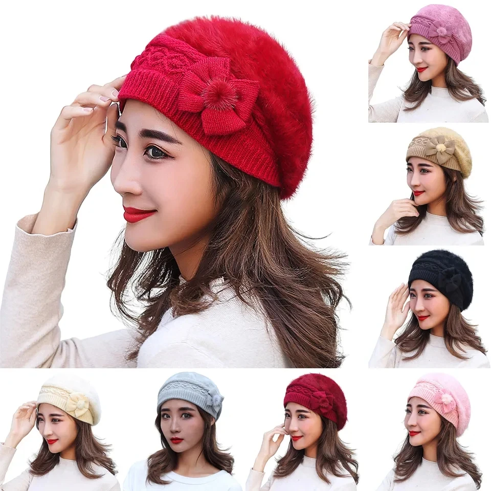 

Women Knitted Wool Hats Winter Flower Decorated Warm Female Cap Beanies Fur Hat Gorros Bonnet Soft Breathable Beanie Caps