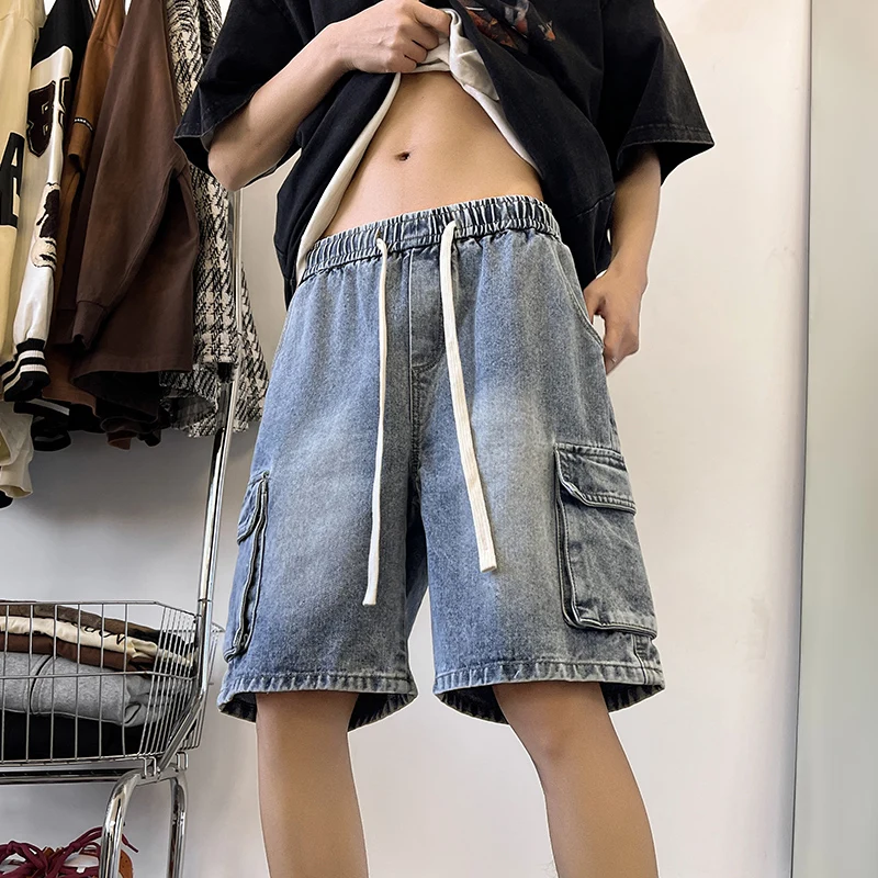 الصيف الرجال الدنيم السراويل فضفاضة جيوب مستقيمة البضائع الجينز مرونة الخصر خمر واسعة الركبة طول سراويل قصيرة الشارع الشهير