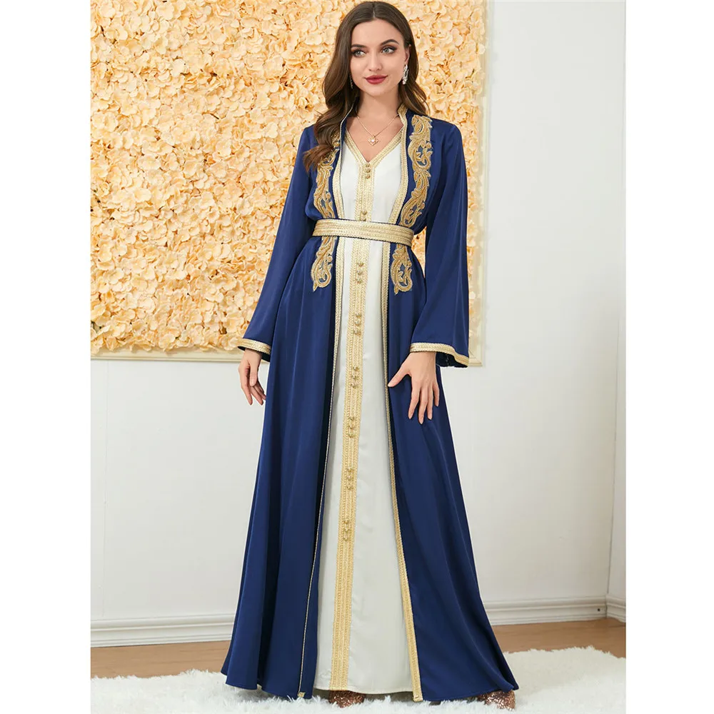 Elegant Women Embroidery Open Abayas 2 Piece Set Ramadan Maxi Dress Kimono Kaftan Dubai Islam Morocco Eid Party Outfits Vestidos